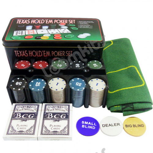 Набор для покера Texas Holdem в жестяной коробке, 200 фишек с номиналом
