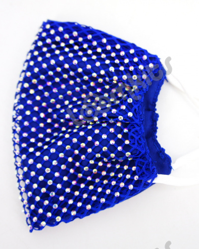 Маска защитная тканевая женская со стразами и кристаллами, синяя фото 2