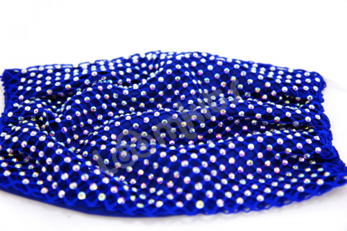 Маска защитная тканевая женская со стразами и кристаллами, синяя фото 4