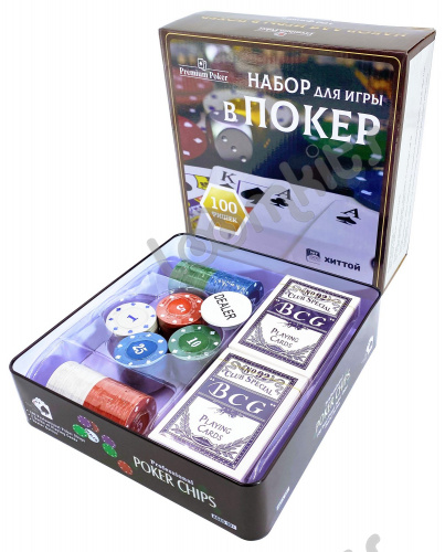 Покерный набор "Premium Poker", 100 фишек с номиналом, в жестяной коробке фото 2