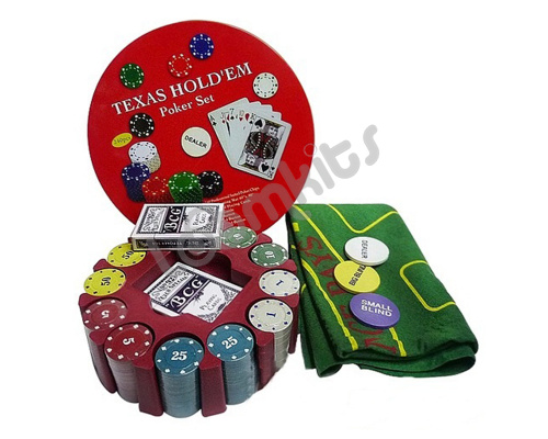 Набор для покера Texas Holdem в жестяной коробке, 240 фишек с номиналом, карты + сукно фото 2