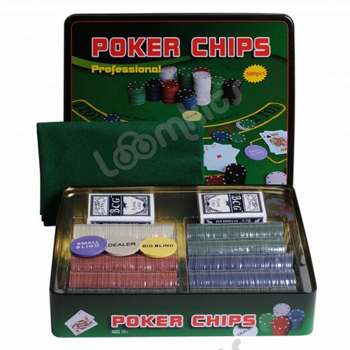 Покерный набор Holdem Light, 500 фишек с номиналом, в жестяной коробке, карты пластик+ сукно