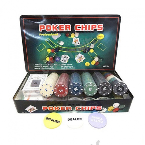 Покерный набор Holdem Light, 300 фишек с номиналом, в жестяной коробке, карты пластик+ сукно фото 2