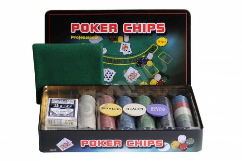 Покерный набор Holdem Light, 300 фишек с номиналом, в жестяной коробке, карты пластик+ сукно фото 3