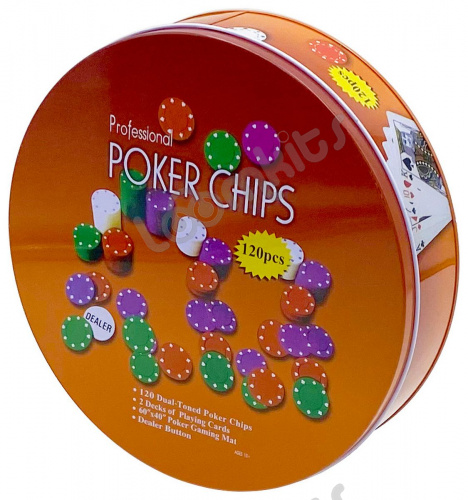 Набор для покера Holdem Light в жестяной коробке, 120 фишек с номиналом+ сукно фото 5