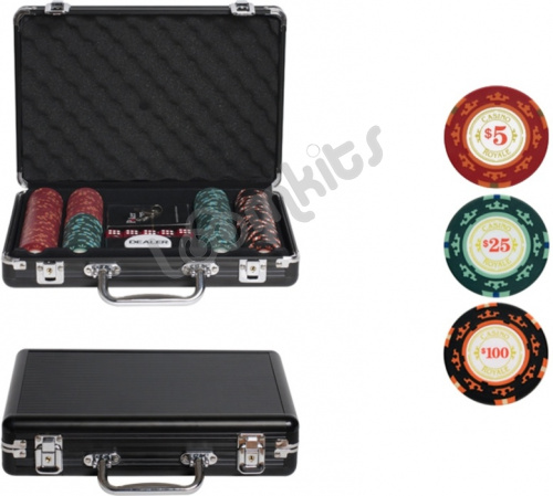 Покерный набор Casino Royal, 200 фишек 14 г с номиналом в чемодане, карты пластик+ сукно фото 2